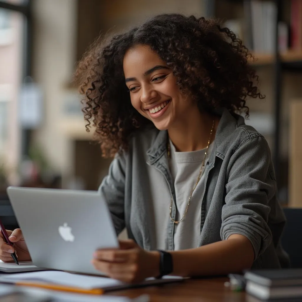 Estudiante con su notebook reparada